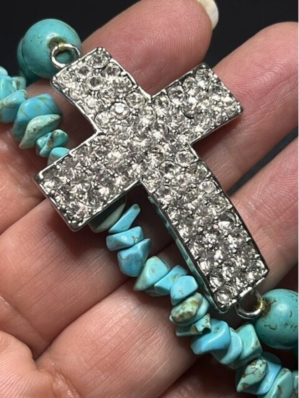B6465 2pc faux Turquoise Beaded Stretch Bracelet Rhinestone  Cross Charm